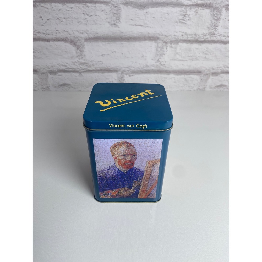 Vincent van Gogh Collectible Blue Metal Art Tin Sunflowers Irises Cafe Terrace